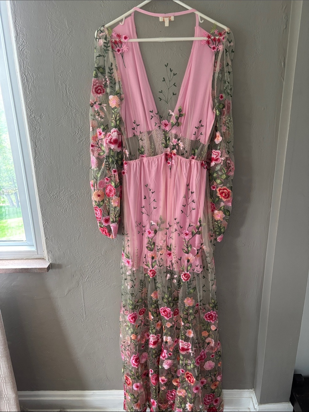 Floral Embroidered Pink & Olive Maxi Dress - Picture 3 of 3